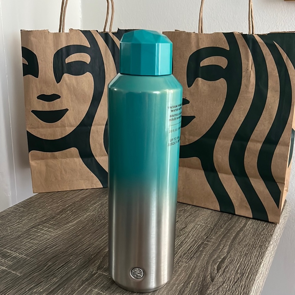 💎Starbucks Stainless Steel Jewel Lid Glitter Teal/Silver 20oz Water Bottle NWT